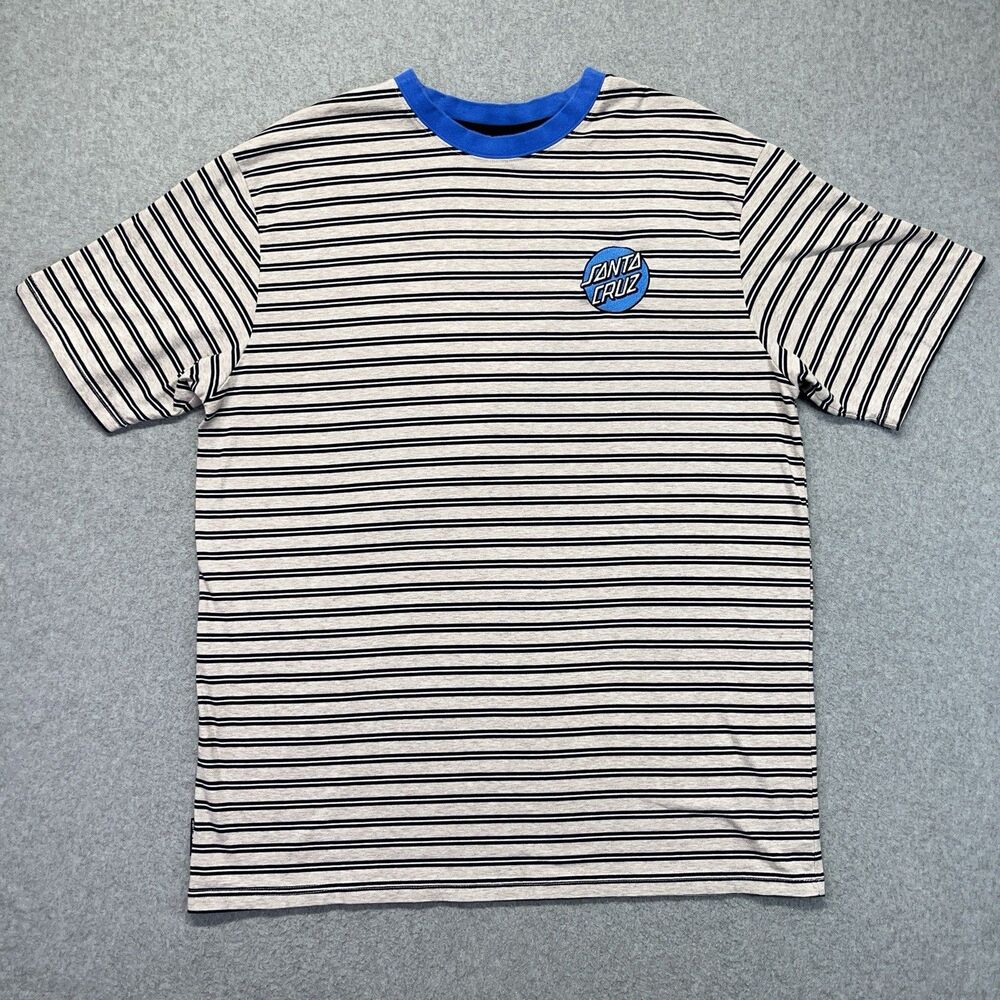 Santa Cruz Striped T-Shirt Men’s Large Blue Neck Logo Patch Y2K Skatewear